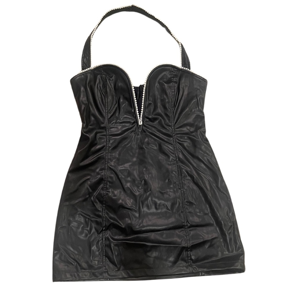 Black leather mini dress with a deep V cut plunging neckline halter